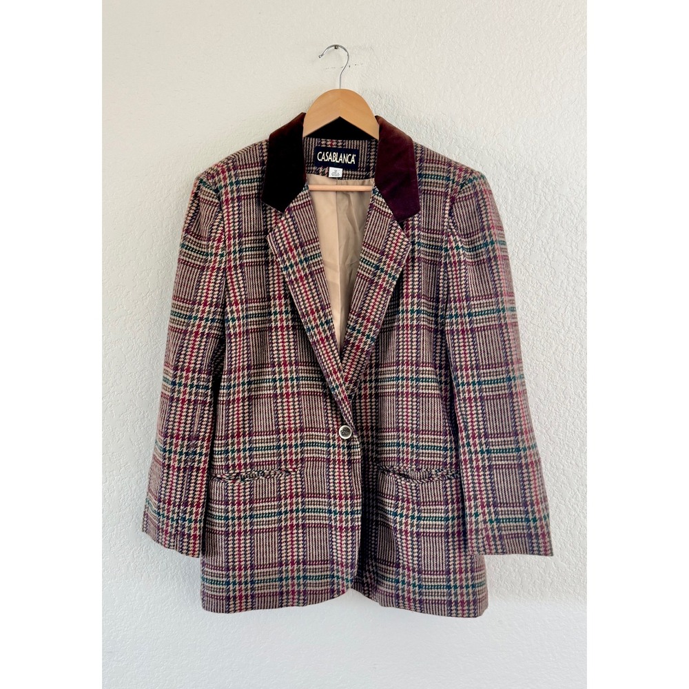 Vintage Blazer Wool Plaid Velvet Collar Burgundy Green Brown Size 12